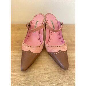 Manolo Blahnik Pointed Toe Pink & Brown Leather Slingback Heels Women's 7.5
